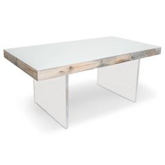 Modern Dining Table in Recycled Grey Wood with Lucite Legs & Glass Top