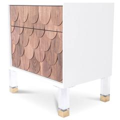 White Lacquered Nightstand with Hand-Cut Walnut Scale Detailing and Lucite Legs