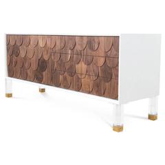 White Lacquered Credenza with Hand-Cut Walnut Scale Detailing and Lucite Legs