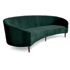 Art Deco Style Crescent Sofa with Walnut Legs in Hunter Green Velvet