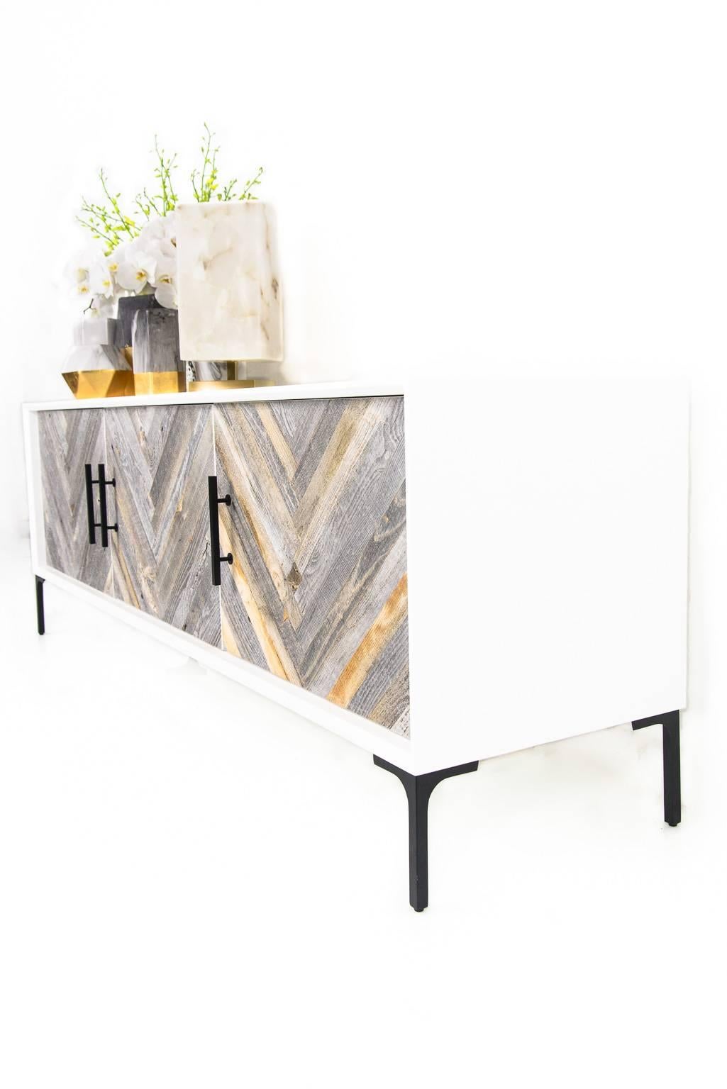 Modern Mid-Century Style 3-Door Amalfi Credenza in White w/ Recycled Wood Door Fronts For Sale
