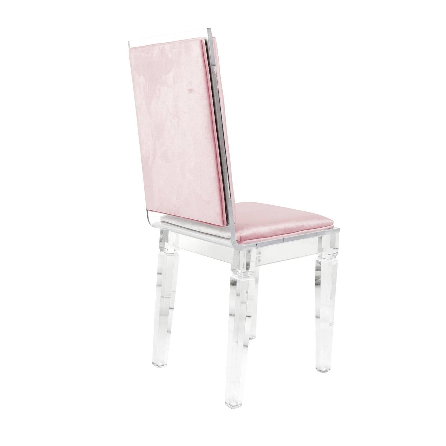 Modshop's Palm Beach Lucite chair in blush velvet.
Measures: 19