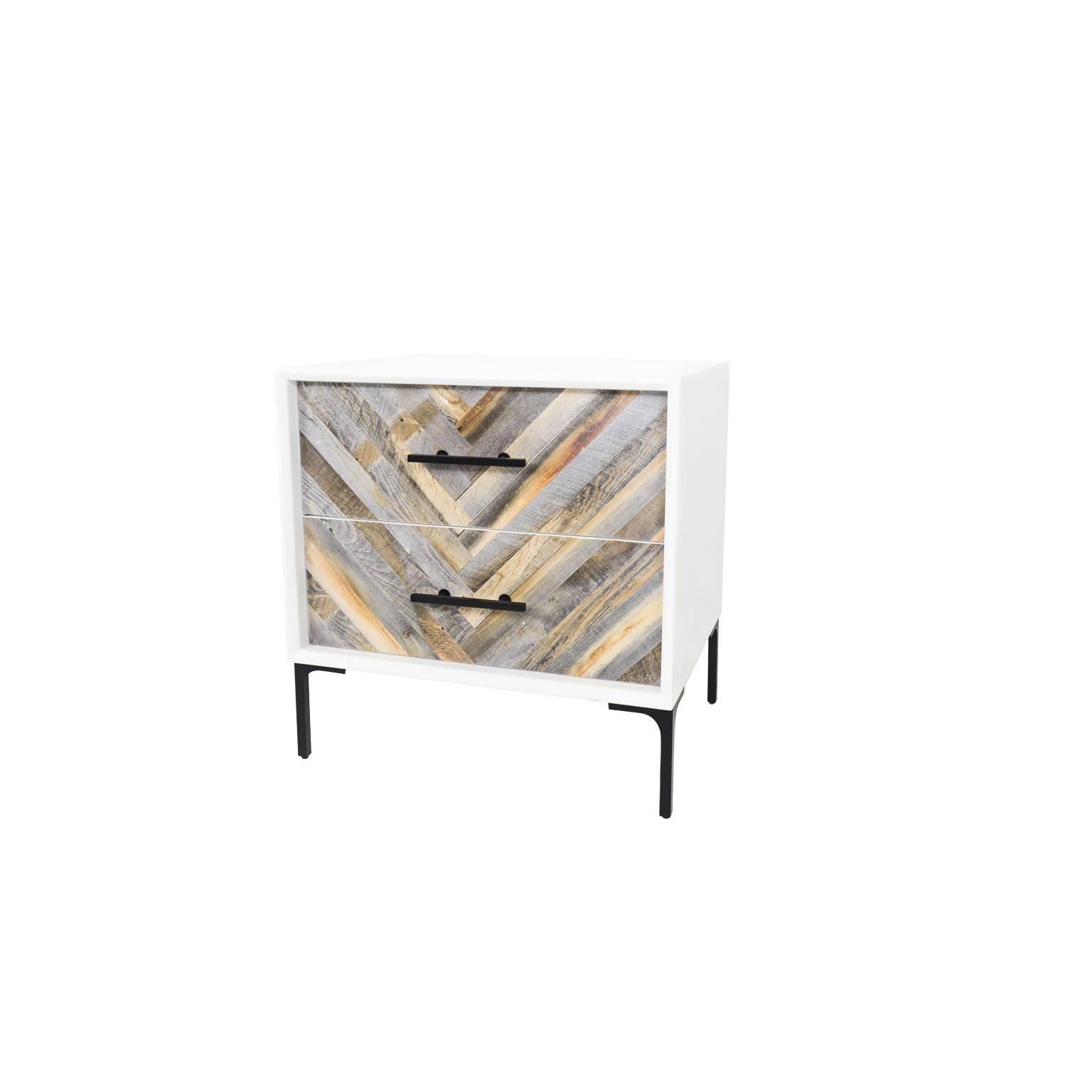 Two-drawer side table with recycled wood drawers. Matte white frame and black legs. 
This is a made to order piece, if additional pieces please contact us. 

Measures: 26