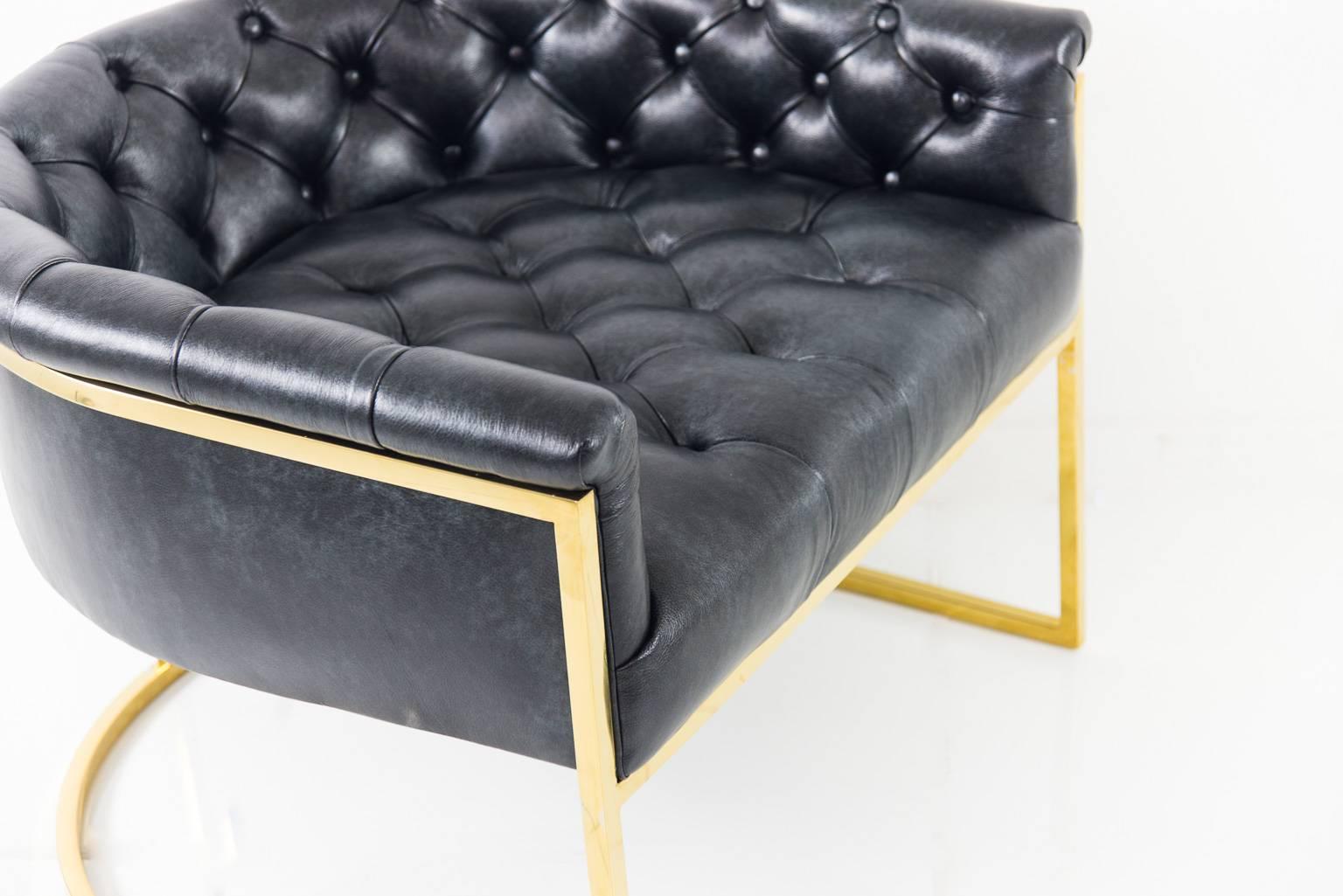 Modern Mid-Century Style Lisbon Chair in Black Leather with Curved Slim Brass Frame For Sale