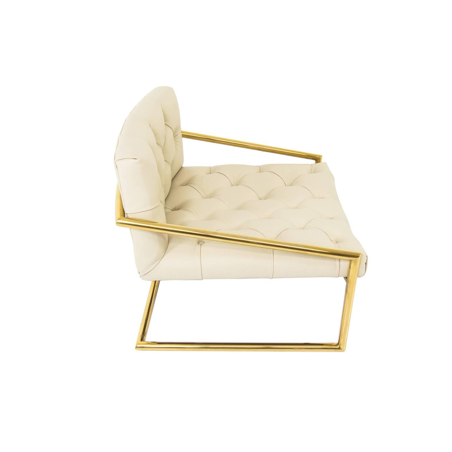 American Modern Style Hampton Chair in Tufted Cream Leather w/ Brass Tubing Base For Sale