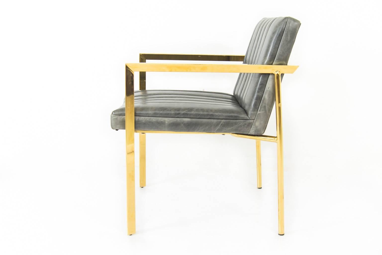 American Modern Style Argentina Dining Chair in Grey w/ Pitched Back & Brass Frame For Sale