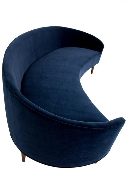 American Art Deco Style Crescent Sofa with Walnut Legs in Navy Blue Velvet For Sale
