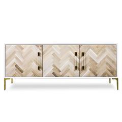Herringbone Style Amalfi Credenza with White case and Walnut  with Lucite Pulls