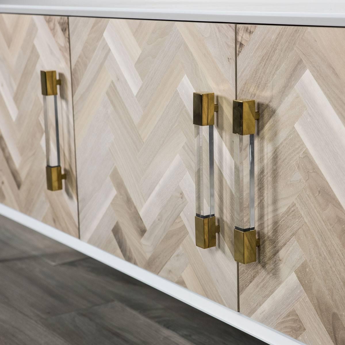 Modern Herringbone Style Amalfi Credenza with White case and Walnut  with Lucite Pulls For Sale