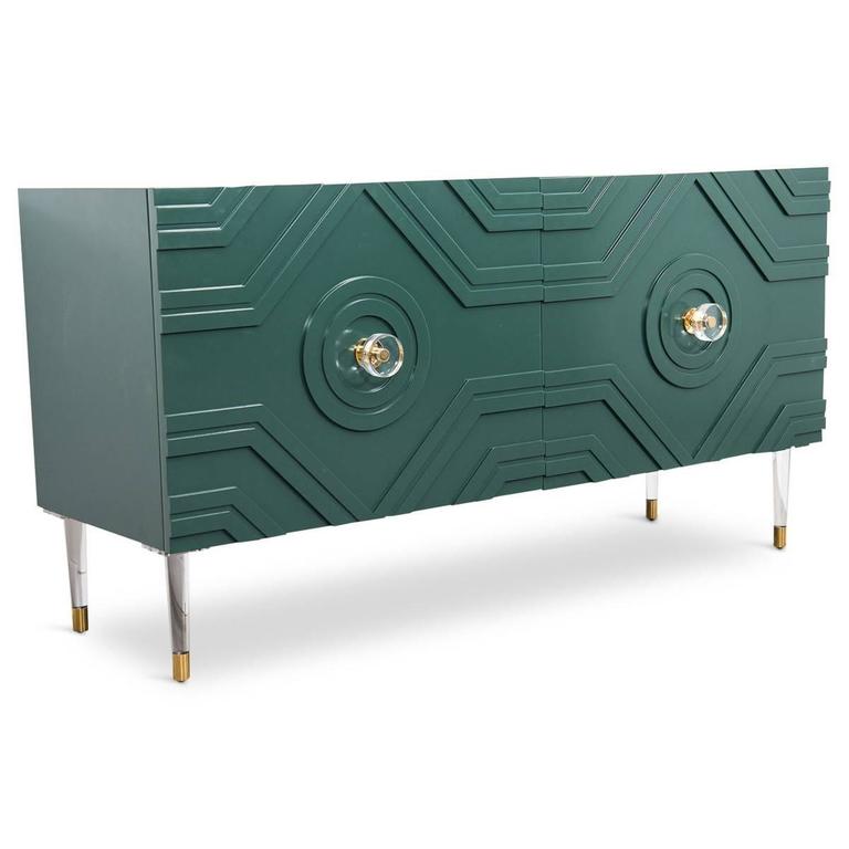 Naples MidCentury Credenza in Hunter Green Lacquer with Brass/Lucite