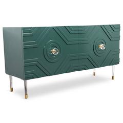 Naples Mid-Century Credenza in Hunter Green Lacquer w/ Brass & Lucite Accents