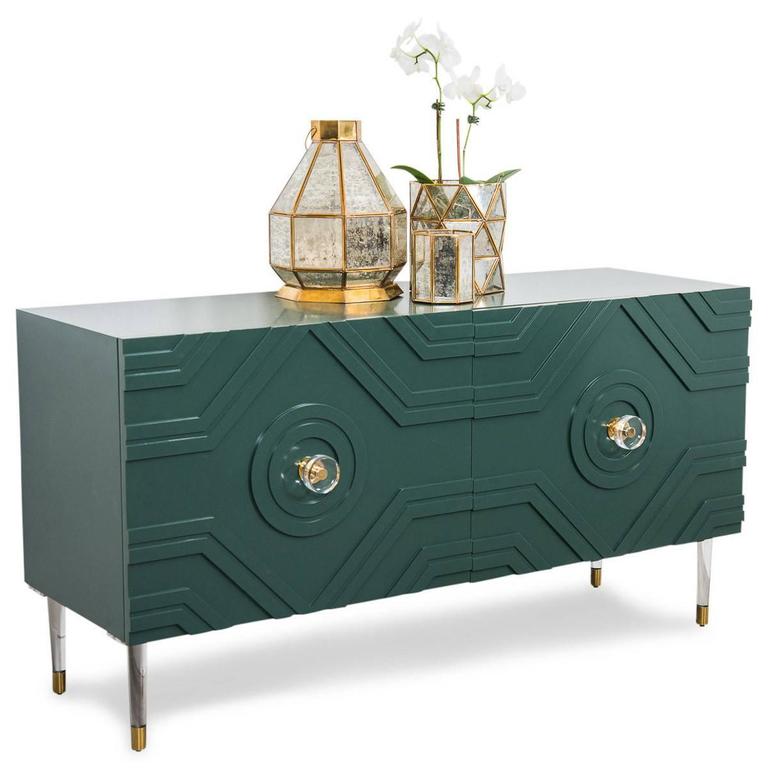 Naples MidCentury Credenza in Hunter Green Lacquer with Brass/Lucite