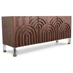 Art Deco Style Walnut Arches Credenza w/ Arch Detail and Lucite & Brass Legs