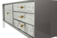 Lacquered Grey Sideboard w/ Antique Mirrored Fronts and Lucite Legs & Hardware