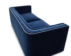 Mid-Century Style Loveseat in Navy Velvet w/ Long Arm Tufting and Chrome Detail