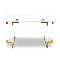 White Lacquered Desk with Lucite and Brass Geometric Legs