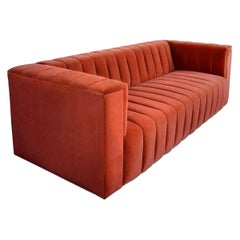 Mid-Century Style Paprika Velvet Fat Channel Tufted Chunky Thick Sofa
