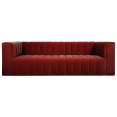 Midcentury Style Merlot Velvet Fat Channel Tufted Chunky Thick Sofa