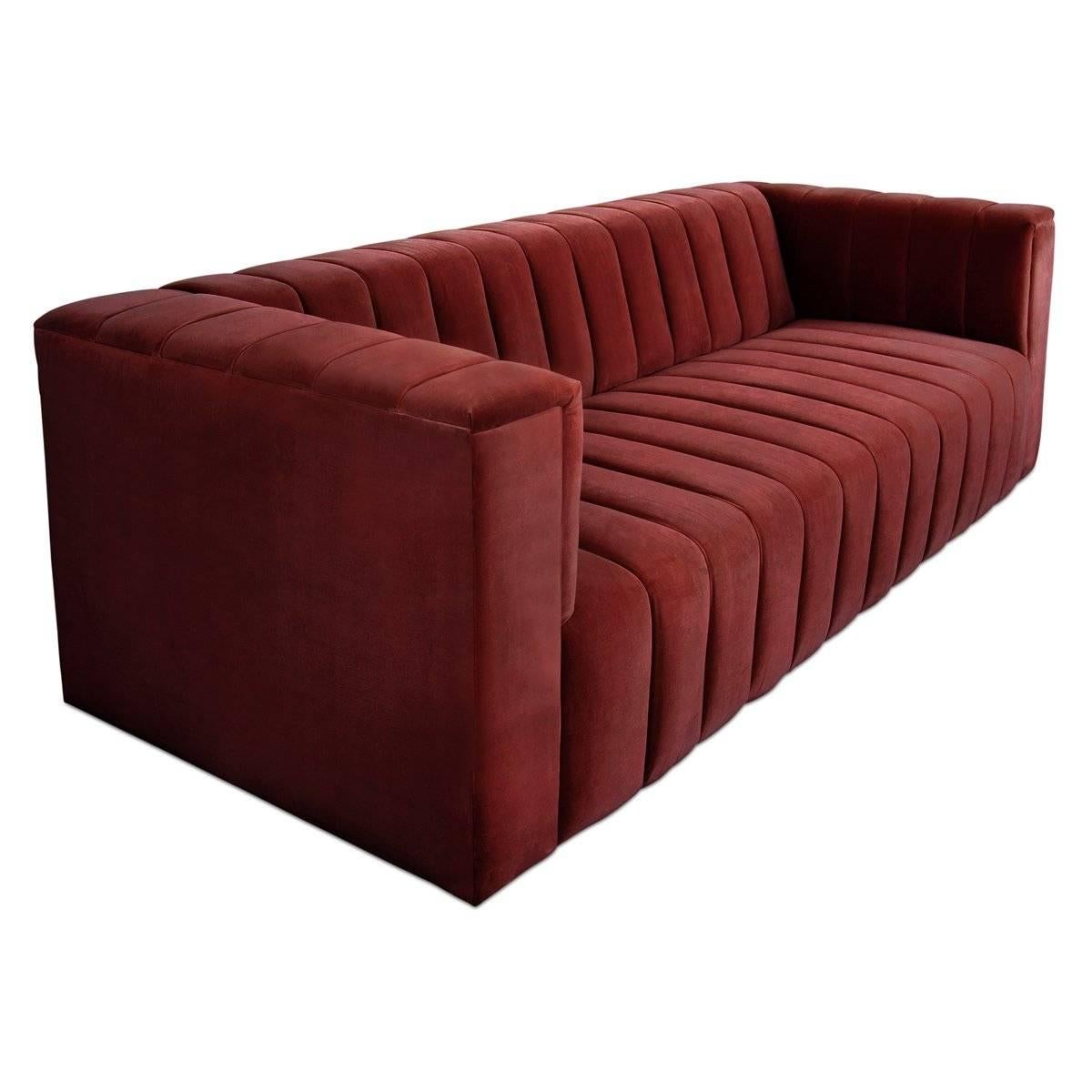 Midcentury Style Merlot Velvet Fat Channel Tufted Chunky Thick Sofa For Sale