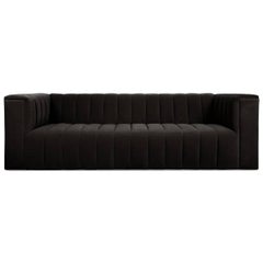 Midcentury Style Black Velvet Fat Channel Tufted Chunky Thick Sofa