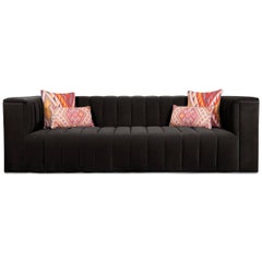 Midcentury Style Black Velvet Fat Channel Tufted Chunky Thick Sofa