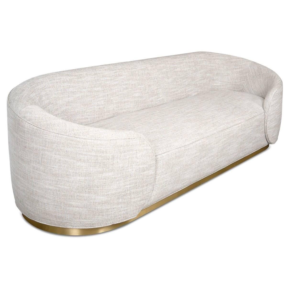 Curvy Wrap-Round Sofa with Brushed Brass Base and Textured Linen Upholstery For Sale