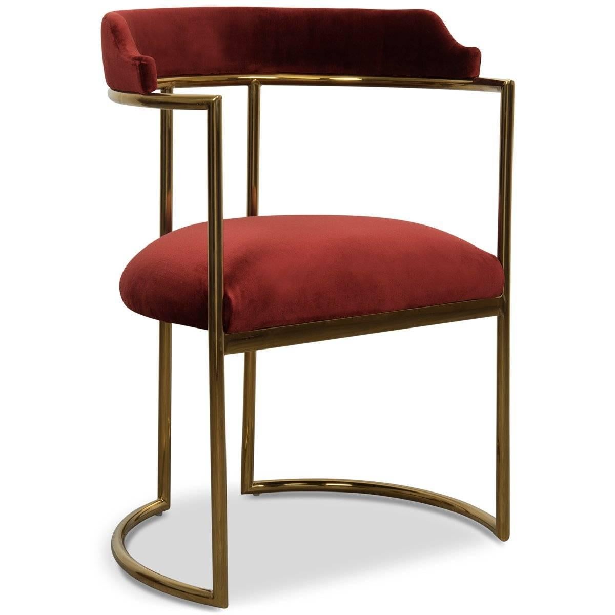 Chinese Modern Style Acapulco Dining Chair Brass Frame Merlot Velvet Upholstery For Sale