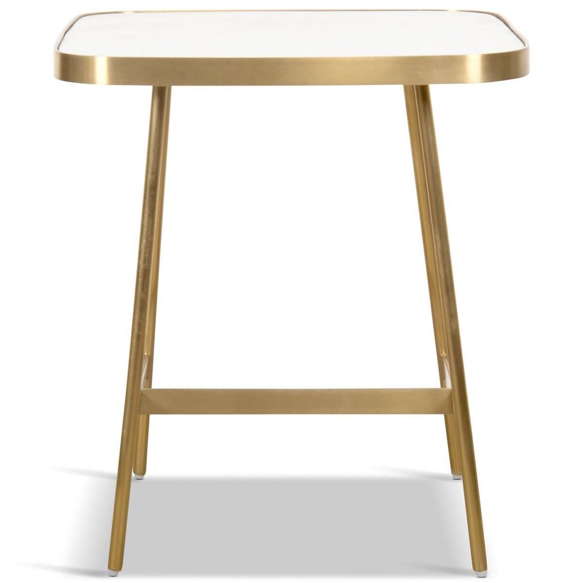 Introducing the Helsinki side table. The simple design of the Helsinki side table features a brushed brass frame with a vanilla stone-like concrete top. A modern and understated beauty, the Helsinki has a clean look and an I-beam frame that gives a