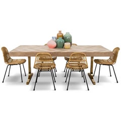 Modern Wood Dining Table with Bleached Walnut Herringbone Pattern & Brass T-Legs
