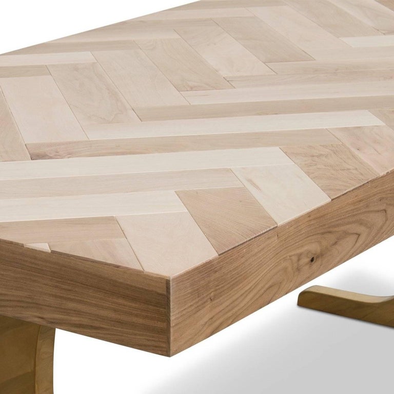 Modern Wood Dining Table With Bleached Walnut Herringbone Pattern Brass T Legs