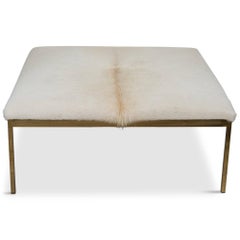 Modern Simple Style Square Ottoman with off White Cowhide and Brass Frame & Legs
