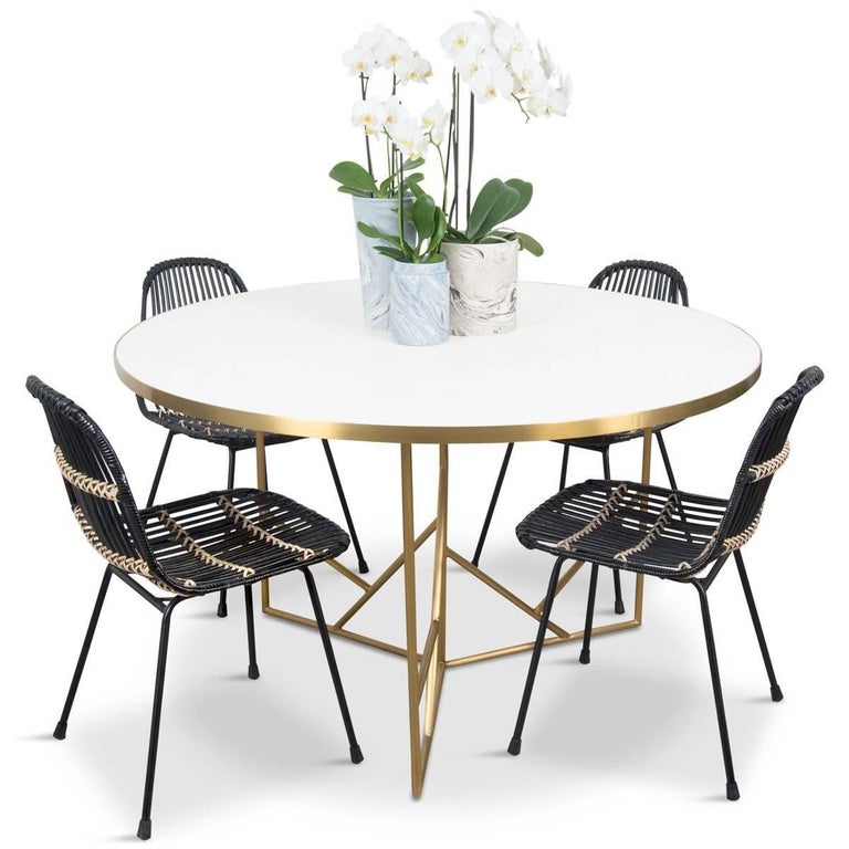 Modern Midcentury Dining Table White Concrete Top and Geometric Brass