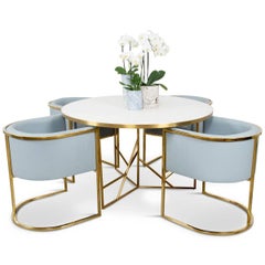 Modern Midcentury Dining Table White Concrete Top and Geometric Brass Legs