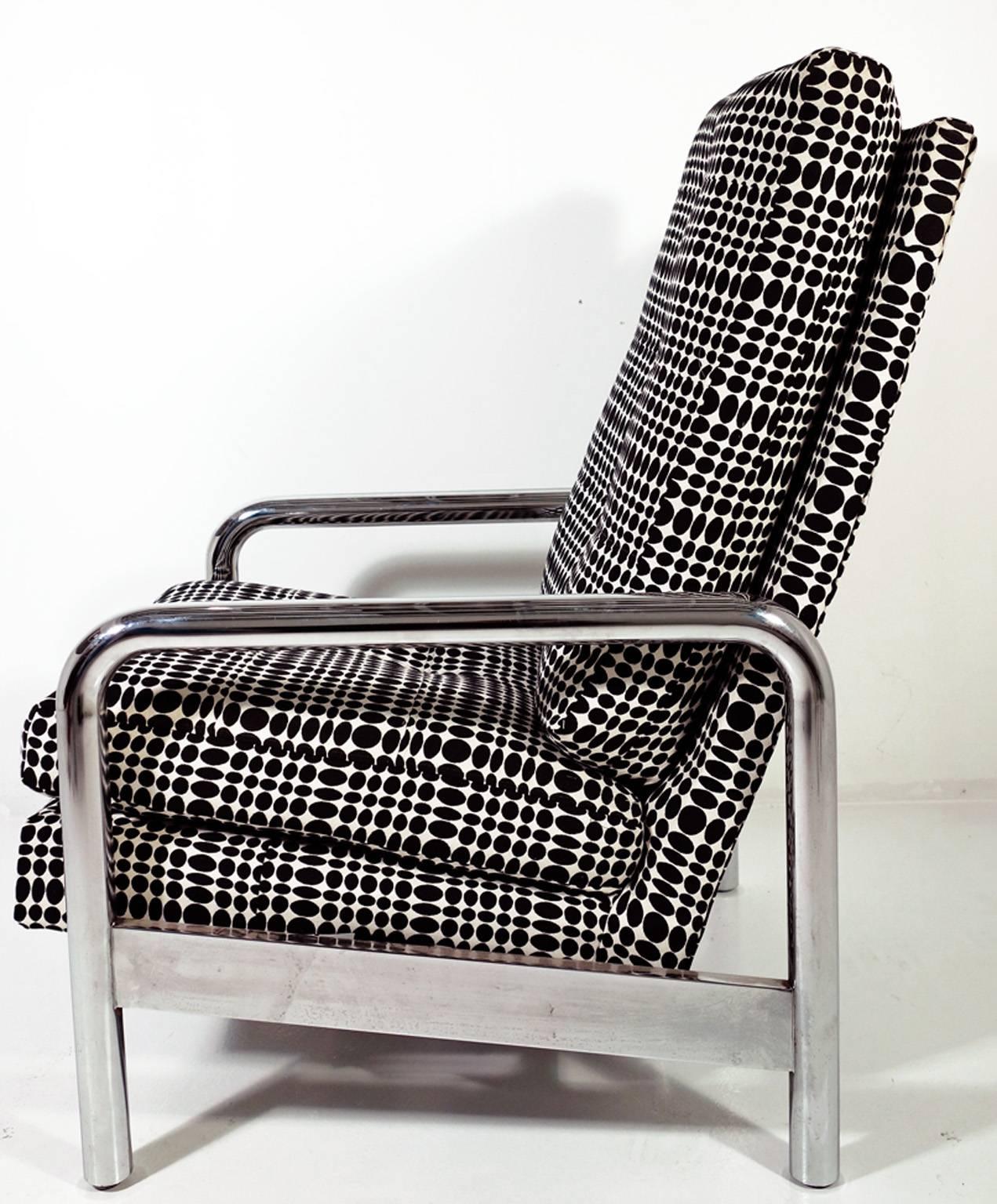 Amazing Milo Baughman reclining lounge chair with Verner Panton fabric. This stunning chair has a heavy chrome finish. The upholstery is clean and comfortable. Truly an exceptional piece.