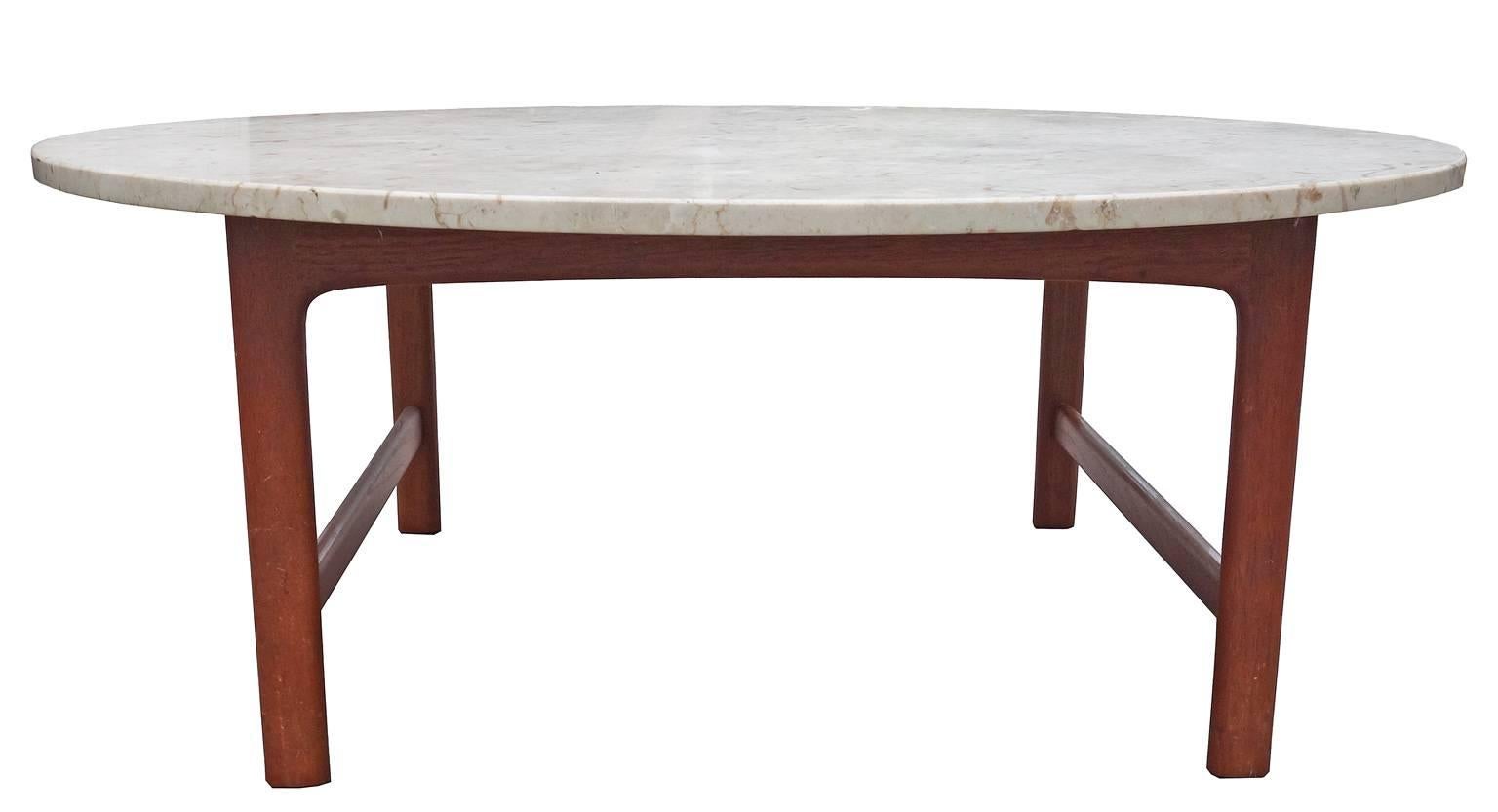 Handsome coffee or cocktail table by DUX of Sweden.
Solid travertine marble top with teak base. 
Marble marked 