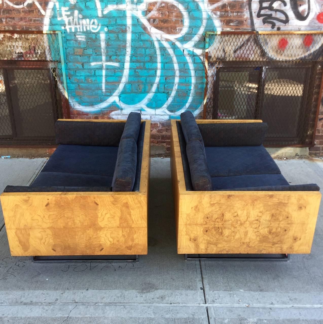 Mid-Century Modern Pair of Milo Baughman for Thayer Coggin Floating Case Sofas in Burled Olive Wood