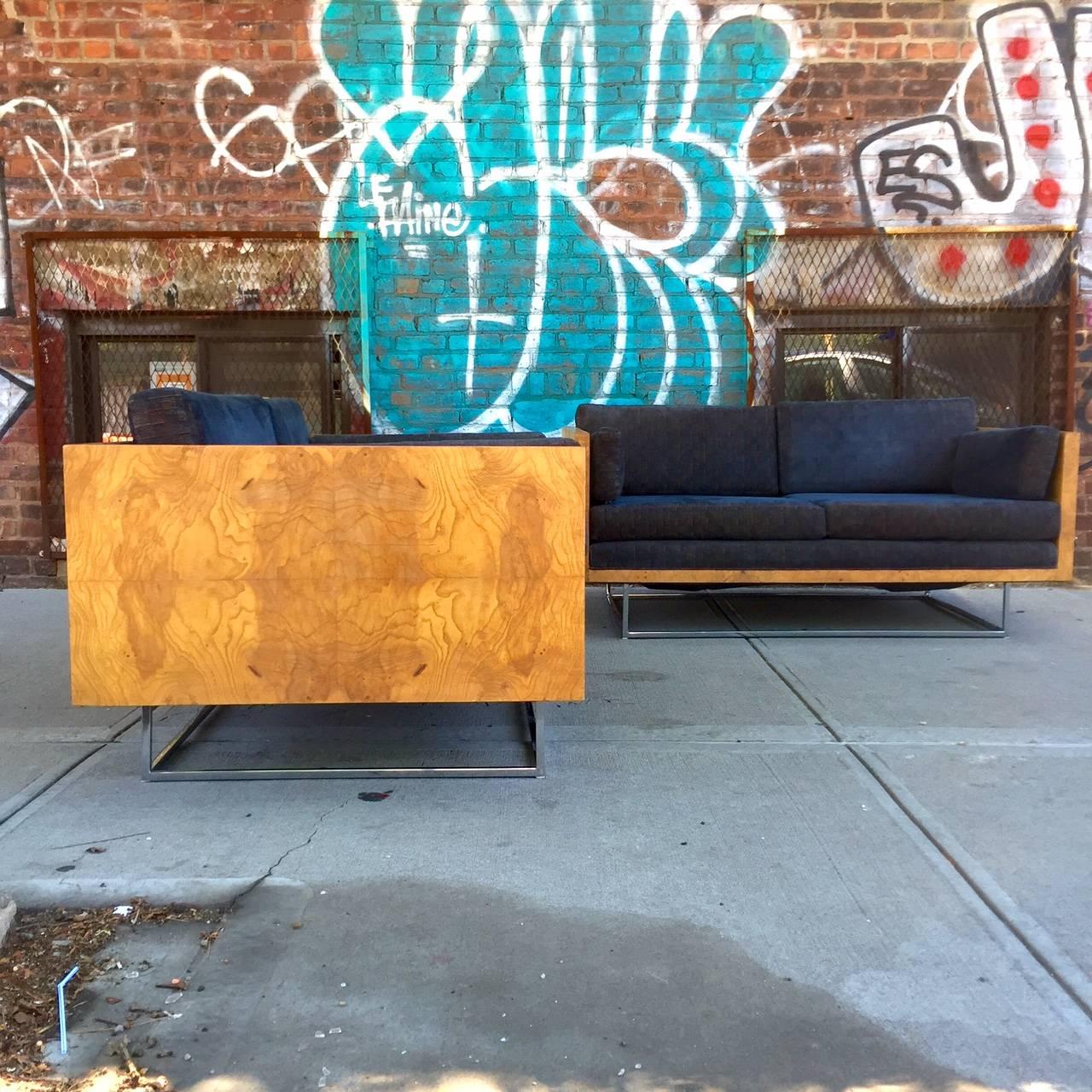 Late 20th Century Pair of Milo Baughman for Thayer Coggin Floating Case Sofas in Burled Olive Wood