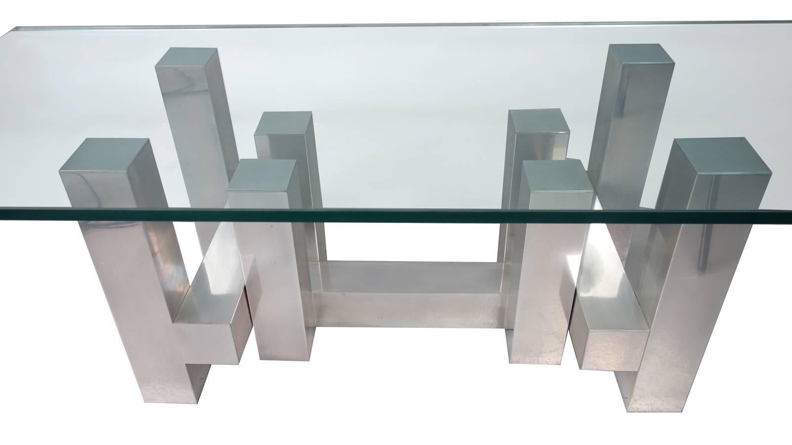 Wonderful architectural coffee table designed by Paul Mayen.
Similar style Paul Evans, this design has a more sleek refined look. A fine example showing minimal wear

Measurement is of the glass top.
base is 30'' x 15''. 
