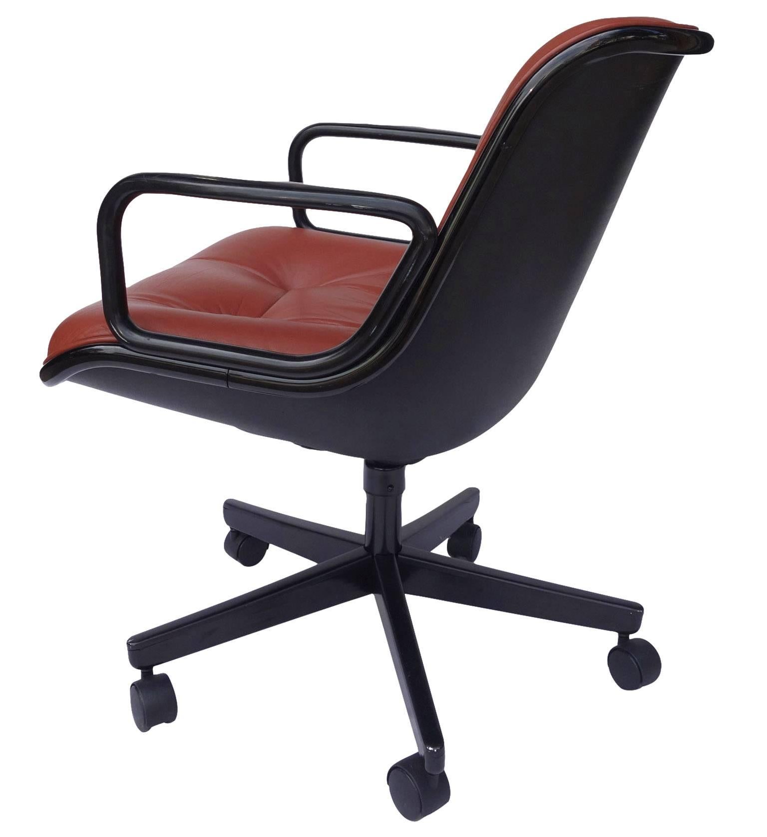 Charles Pollock for Knoll office desk chairs featuring leather upholstery. This executive office chair is an icon of Mid-Century Modern design and has been in continuous production by Knoll since its introduction in the 1960s. Designer Charles