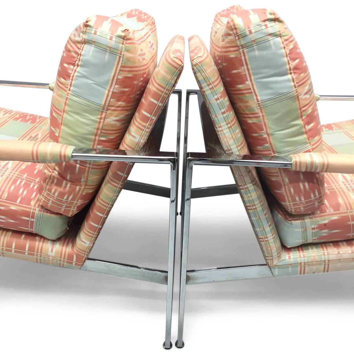 Hello Mid-Century Enthusiasts!

Up for sale is a pair of Milo Baughman for Thayer Coggin flat bar chrome lounge chairs.

This is a nice pair, but should probably be reupholstered given that they were subjected to an interesting reupholstery job