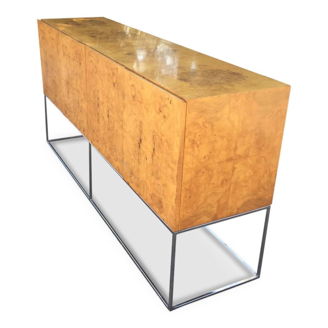Milo Baughman for Thayer Coggin Burl Wood Credenza on a Floating Chrome Base In Good Condition In BROOKLYN, NY