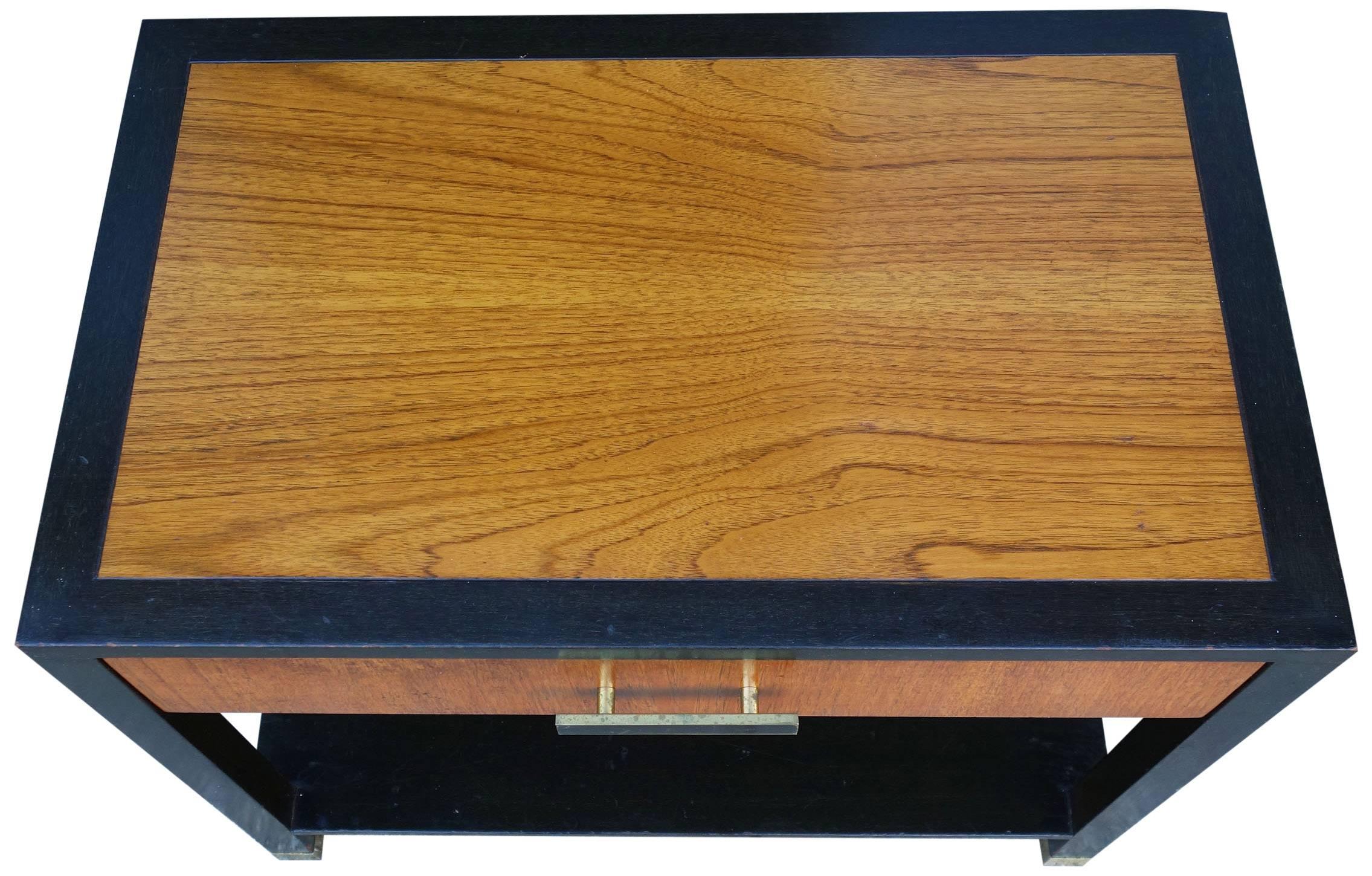 Mid-Century chest by Harvey Probber. This can be used as nightstand, side table, or end table. This piece consists of a walnut and espresso lacquered frame with brass details and has a finished back. Another of this style available.