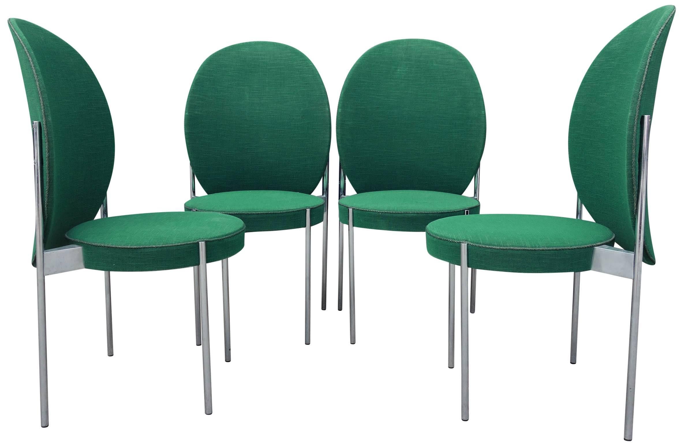 Very rare set of (4) four Mid-Century high-back chairs designed by Verner Panton. Tubular metal frame with original upholstery (also deigned by Verner Panton). Produced for a short period of time. Model no. 430. Recommended for reupholstery. Sold as