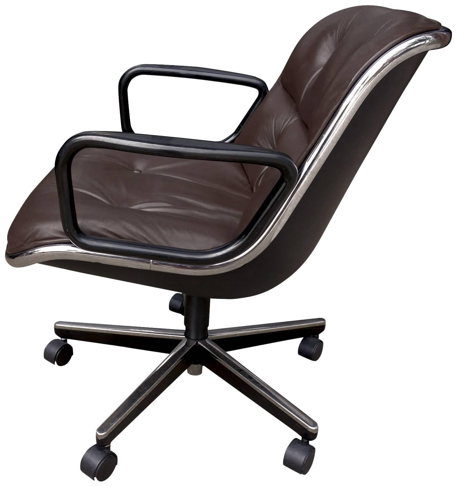 For your consideration is Charles Pollock for Knoll office chairs in Dark Coffee Bean Leather. Pollock chairs are icons of Mid-Century modern design. Pollock revolutionized office seating with the introduction of this chair in the 1960s. The chair
