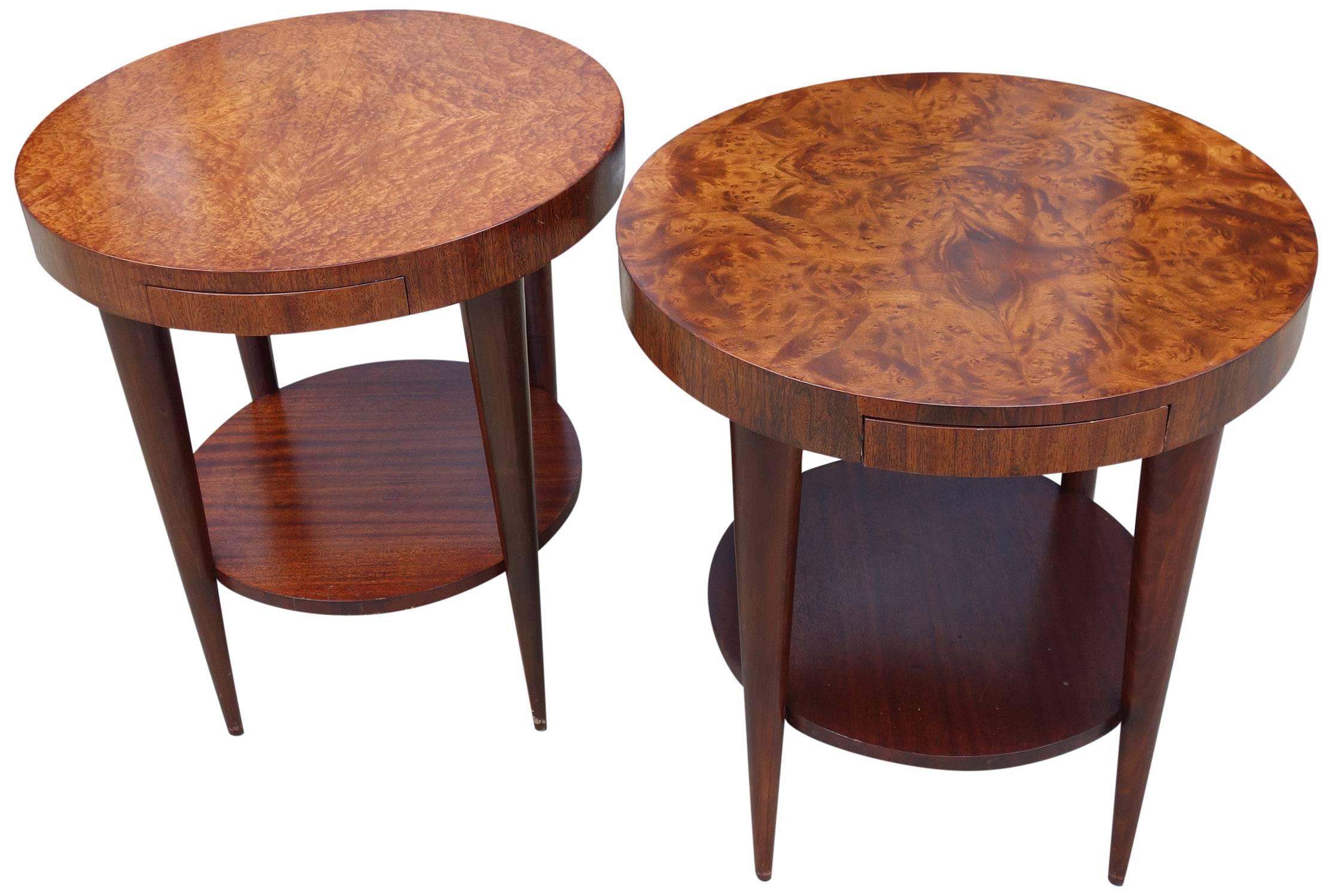 Exceptional pair of burl wood Paldao occasional tables by Golbert Rhode for Herman Miller. His works, especially when incorporated with burl wood, are highly sought after. Rhode is one the founding fathers of American Modernism. He designed mostly