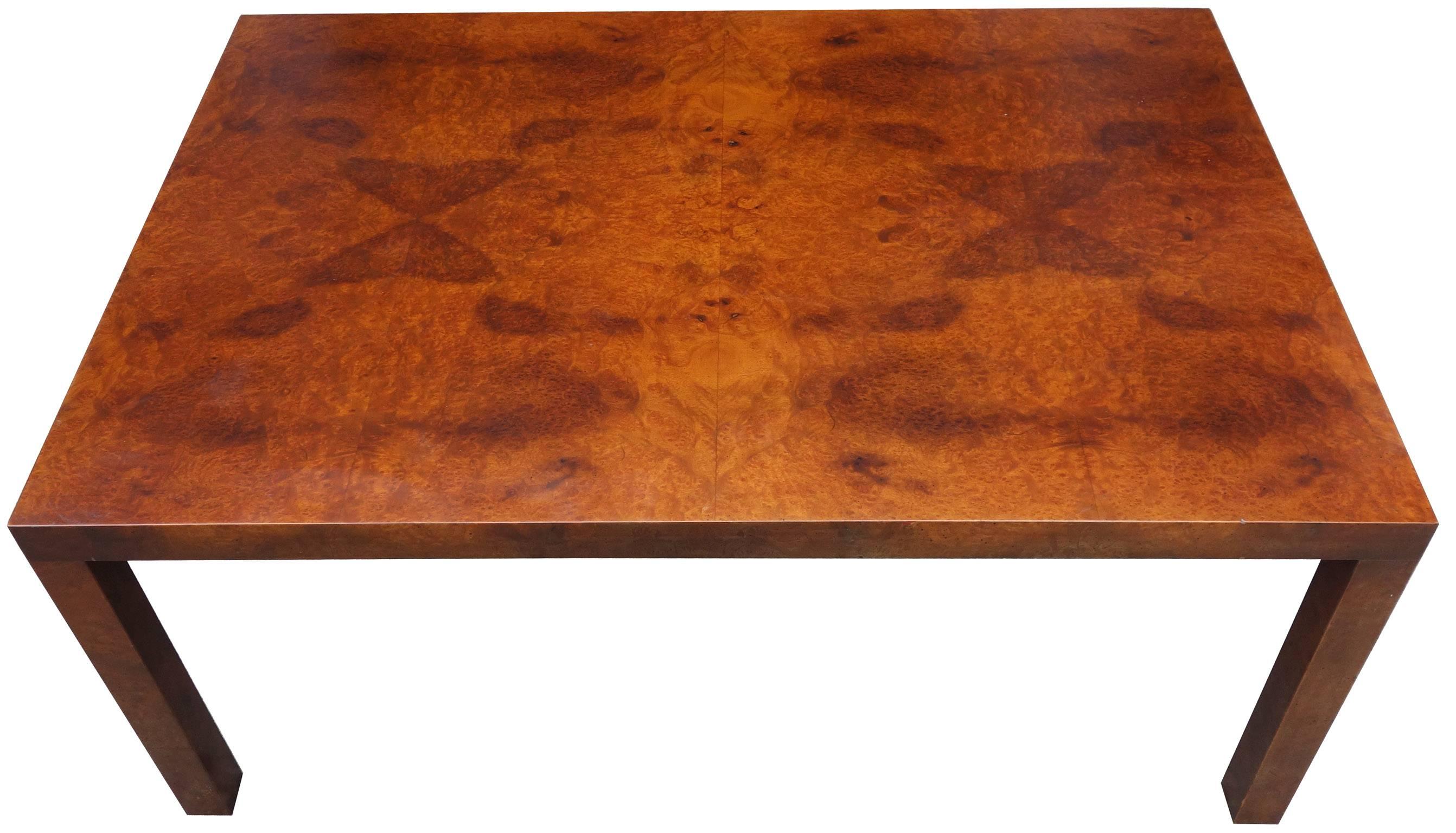 Midcentury Milo Baughman burlwood coffee table with a thin leg design in a tobacco finish for directional. Newly lacquered finish.