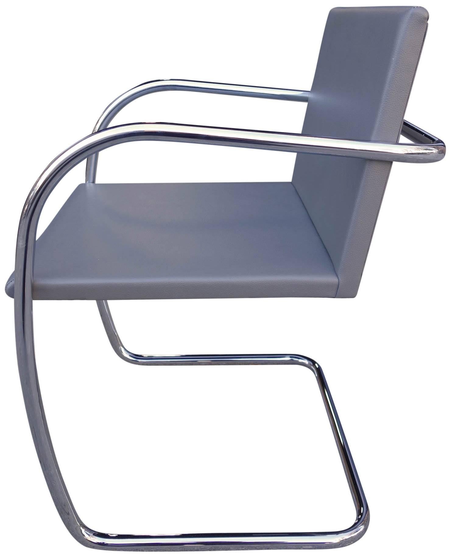 One midcentury Brno chair in gray leather on a polished chromed steel frame. Produced by Knoll. Has never been used and in excellent condition. This is the Thin-seat version, modeled after the original 1929 specifications.