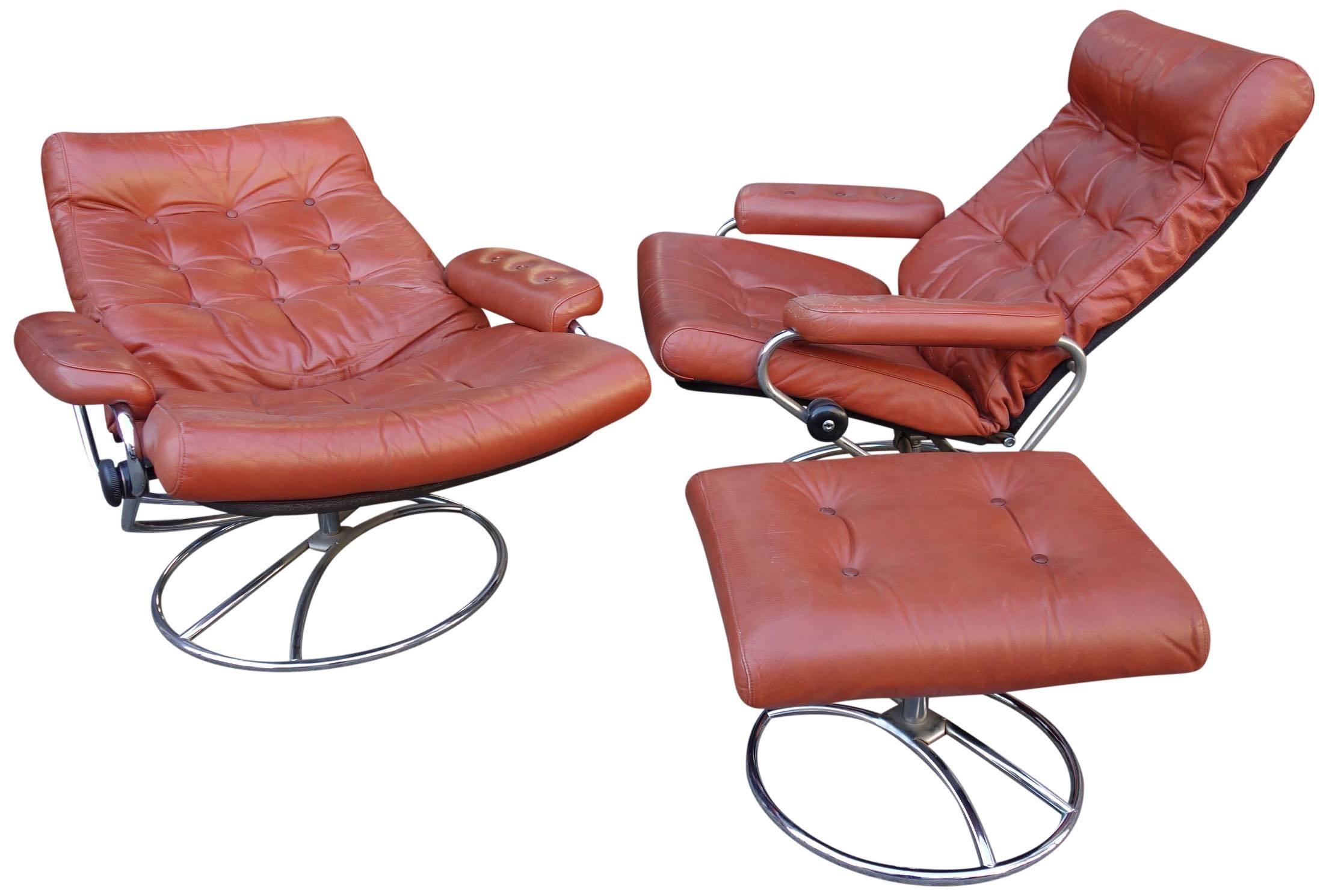 Norwegian Midcentury Reclining Stress Less Lounge Chairs and Ottoman by Ekornes