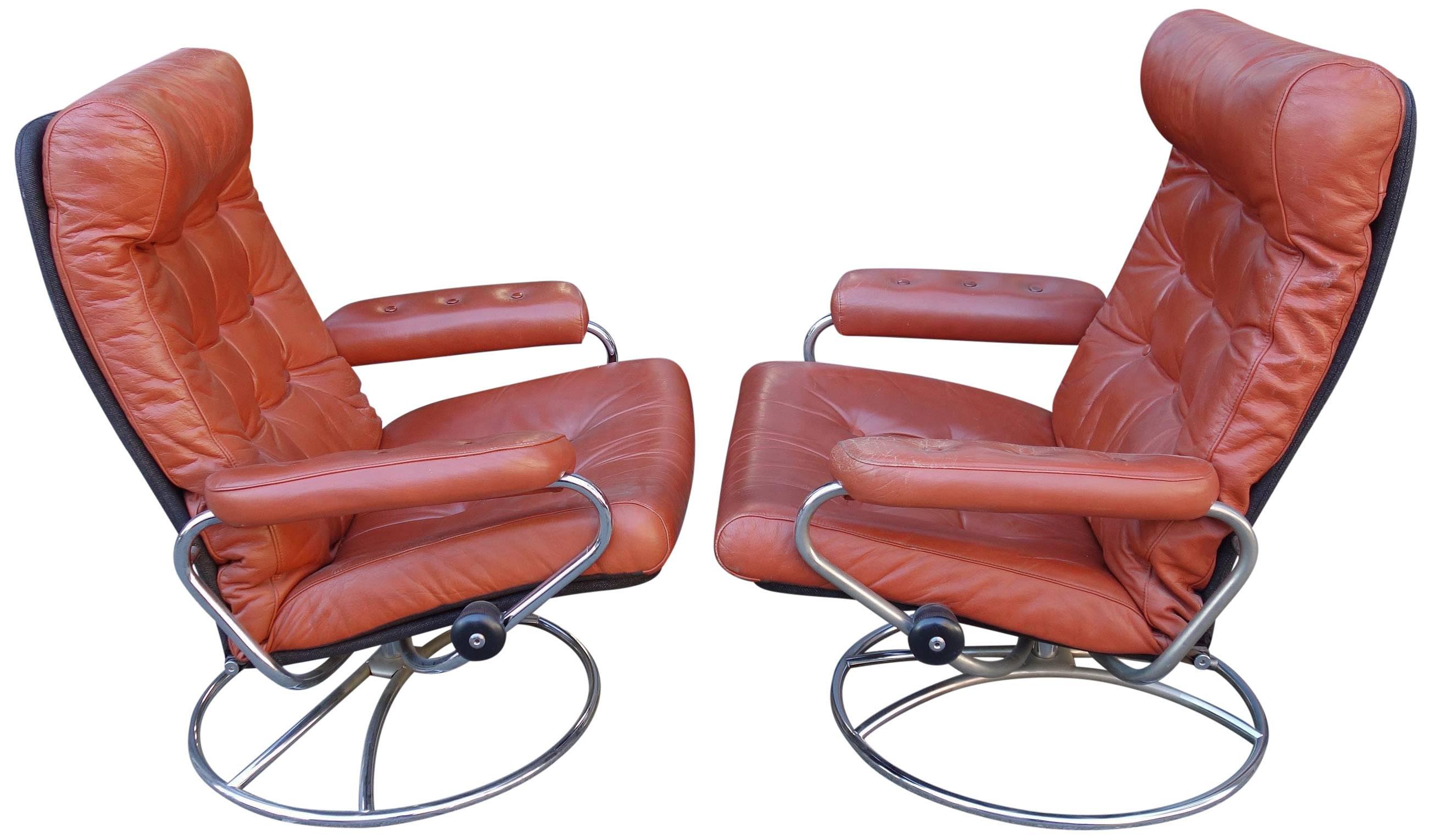 Scandinavian Modern Midcentury Reclining Stress Less Lounge Chairs and Ottoman by Ekornes