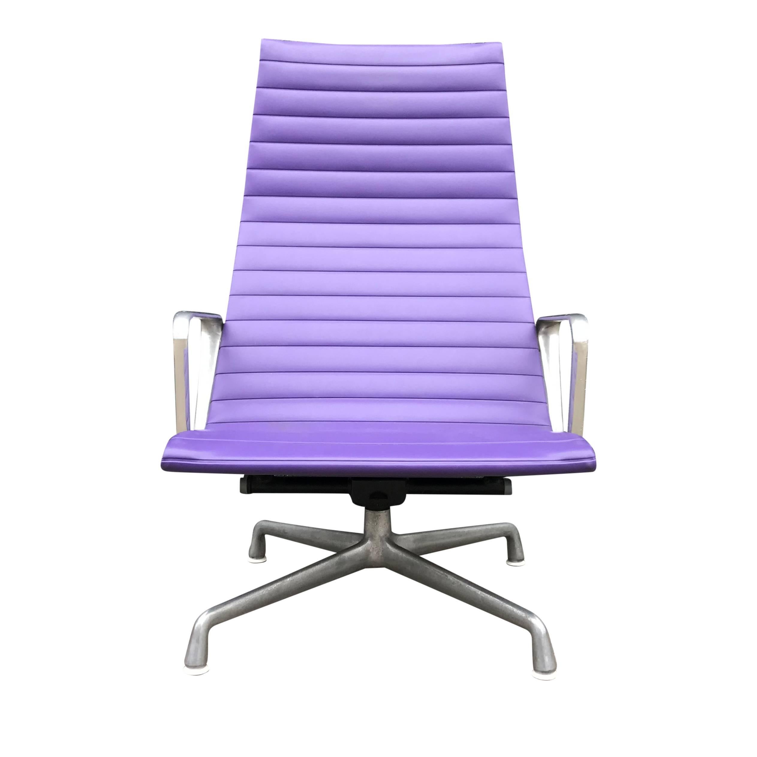 For your consideration is an Eames for Herman Miller Lounge chair, part of the Aluminum group series. 

The chair is constructed on a four-star extruded aluminium base, and features a slung ribbed vinyl seat.

An icon of Mid-Century Modern